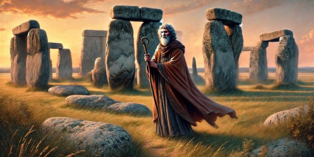 Merlín en Stonehenge, con los monolitos evocando la "Danza de los Gigantes".